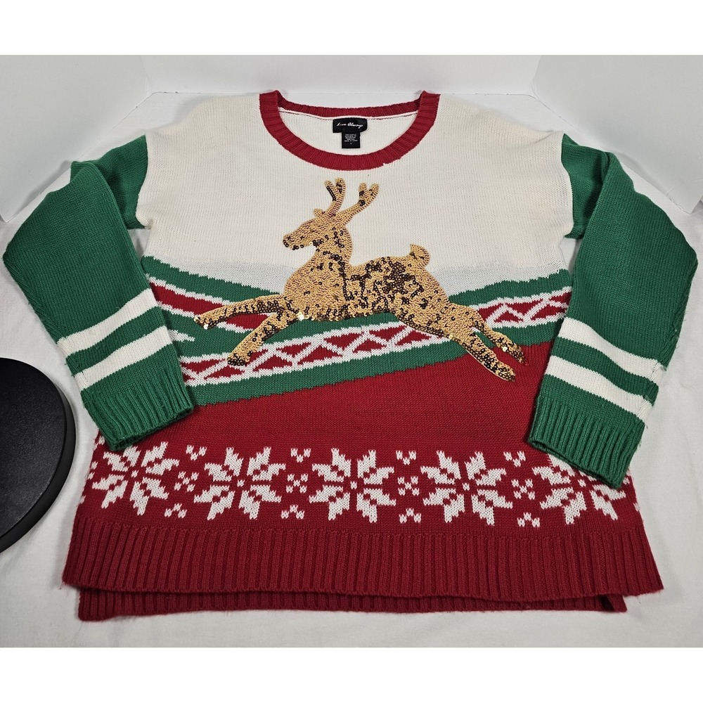 Vintage Christmas Women's Love Always Good Sequence Reindeer Red Green Sweater L